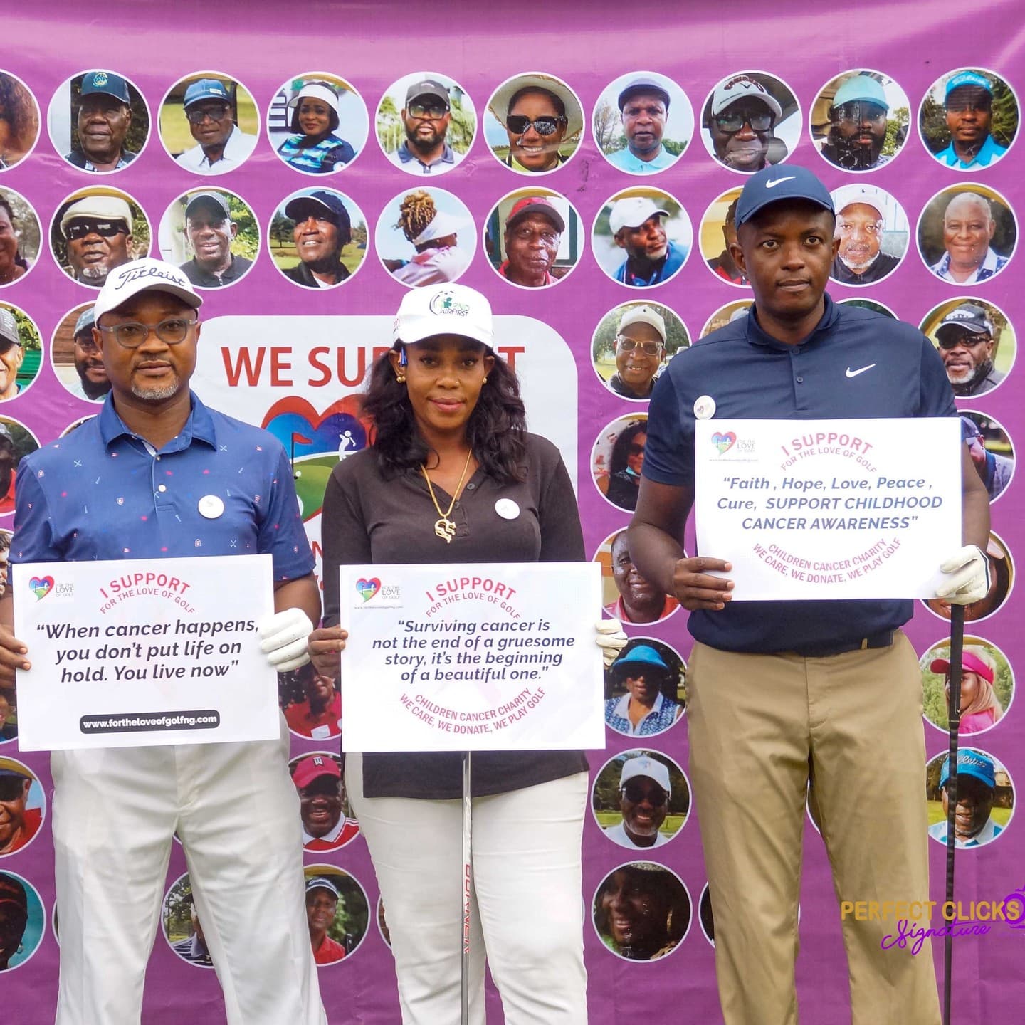 Three golfers holding messages of hope and support at a For the Love of Golf event